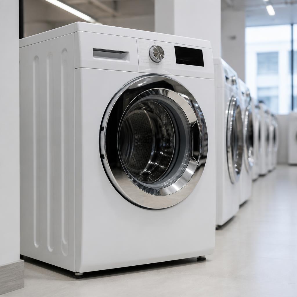 Brand new front-load washing machine in showroom